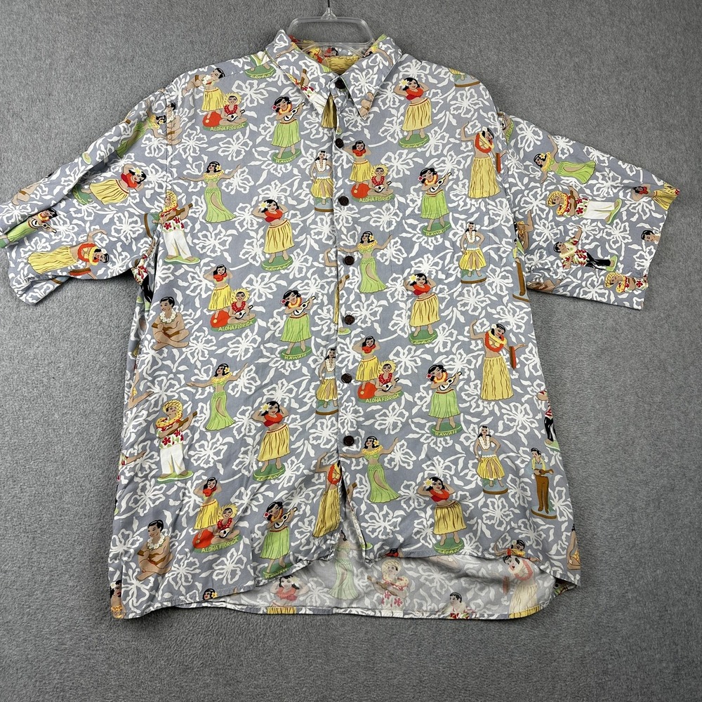 Reyn Spooner Hawaiian Shirt Mens Large Gray Hula Dancer Print Button Up Aloha